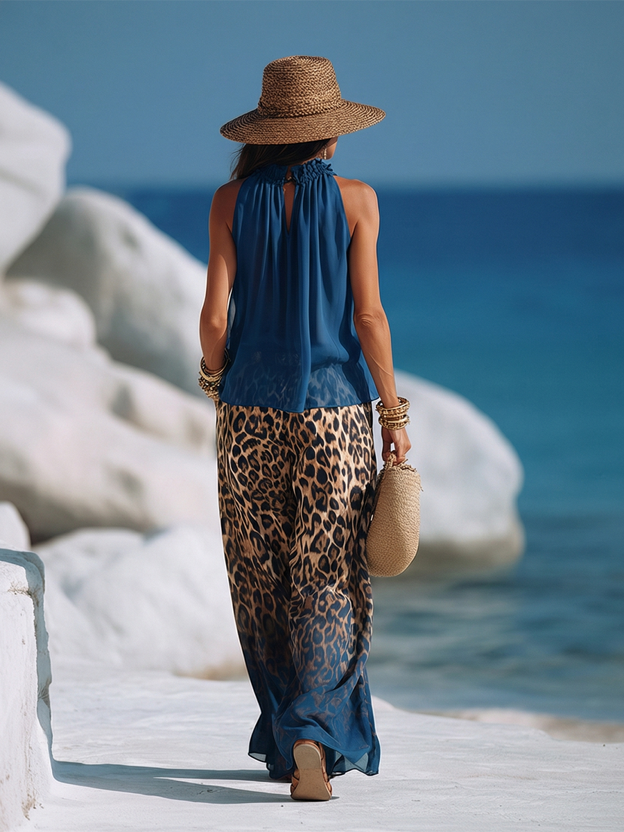Trendy Vacation Chiffon Sleeveless Top With Leopard Print Gradient Wide-leg Pants Set