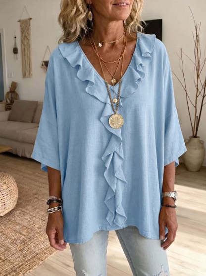 Women's Solid-color Ruffled V-neck 3/4-sleeve Casual Loose Cotton-linen Top