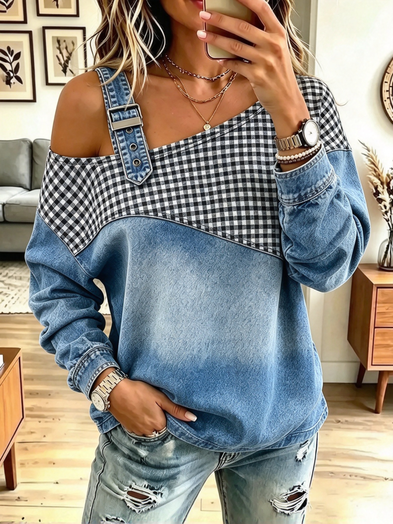 Vintage Plaid Pattern Denim Patchwork Art Casual Stylish Long Sleeve Top