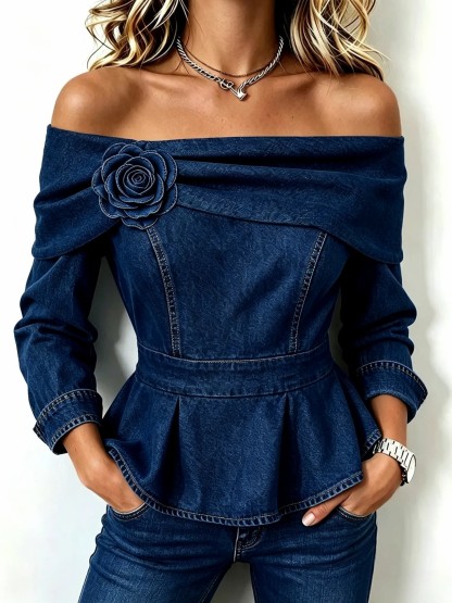 Chic Off-shoulder Denim Peplum Top