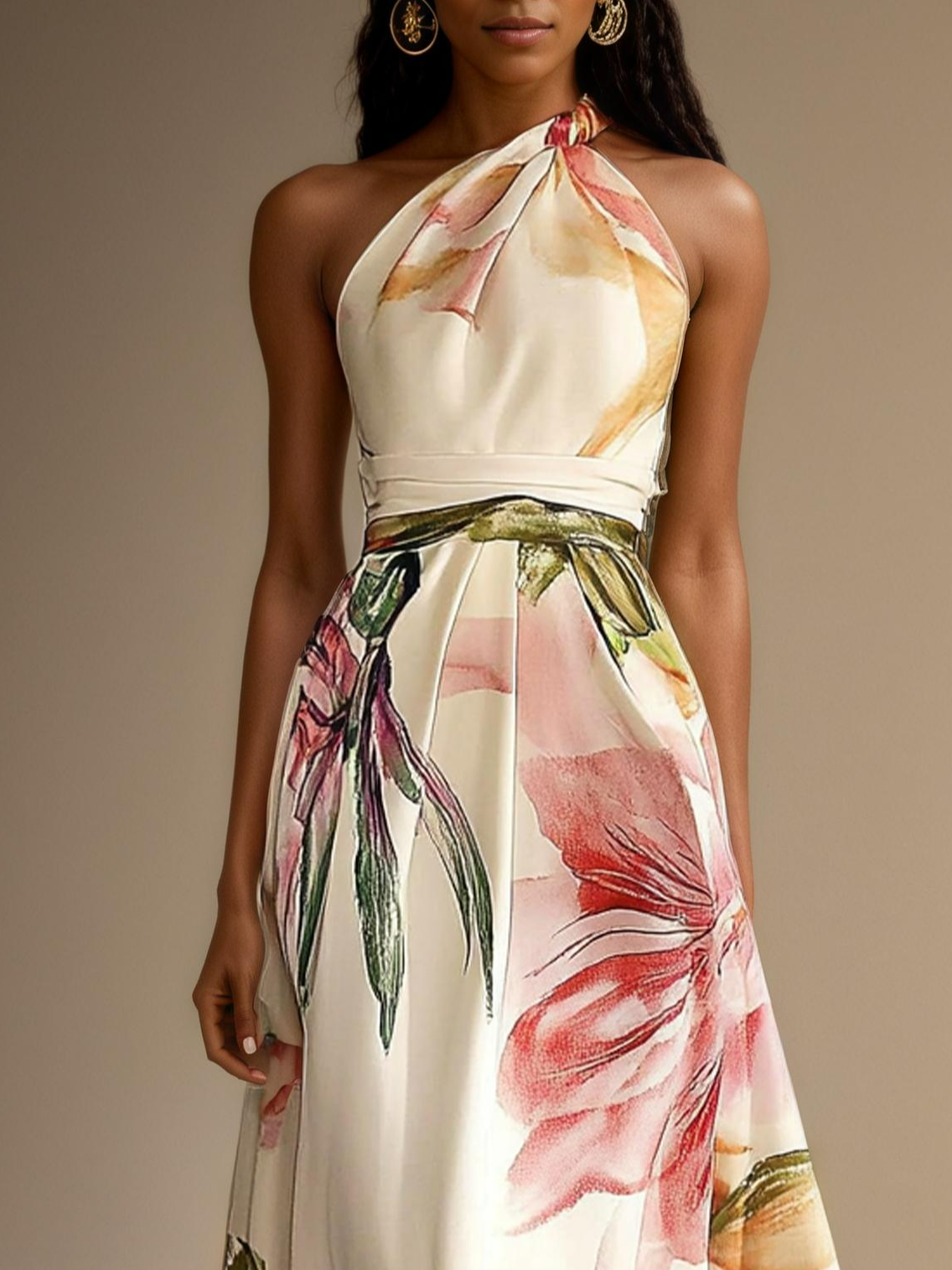 Pink Floral Satin One Shoulder Sleeveless A-Line Floor-length Gown With Pockets