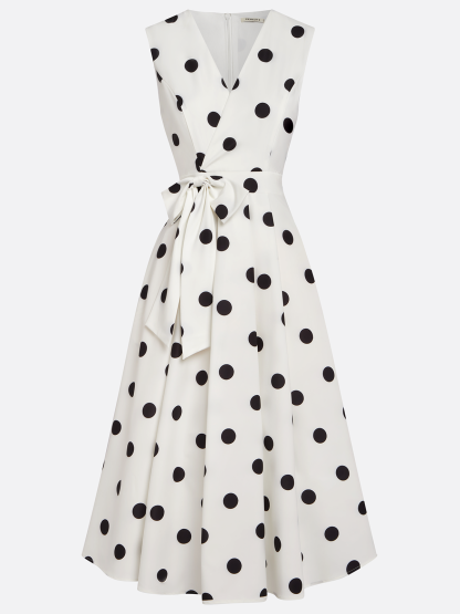 White Polka Dots V Neck Sleeveless A-Line Midi Dress
