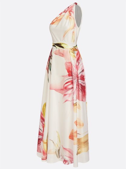 Pink Floral Satin One Shoulder Sleeveless A-Line Floor-length Gown With Pockets