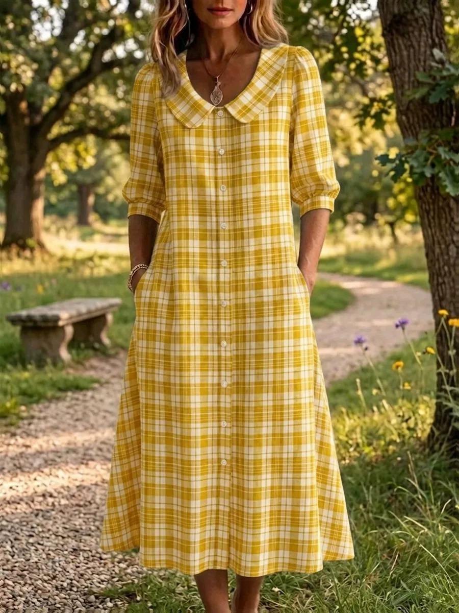 New Arrivals🔥 Women's Retro Peter Pan Collar Striped Cotton Linen Dress
