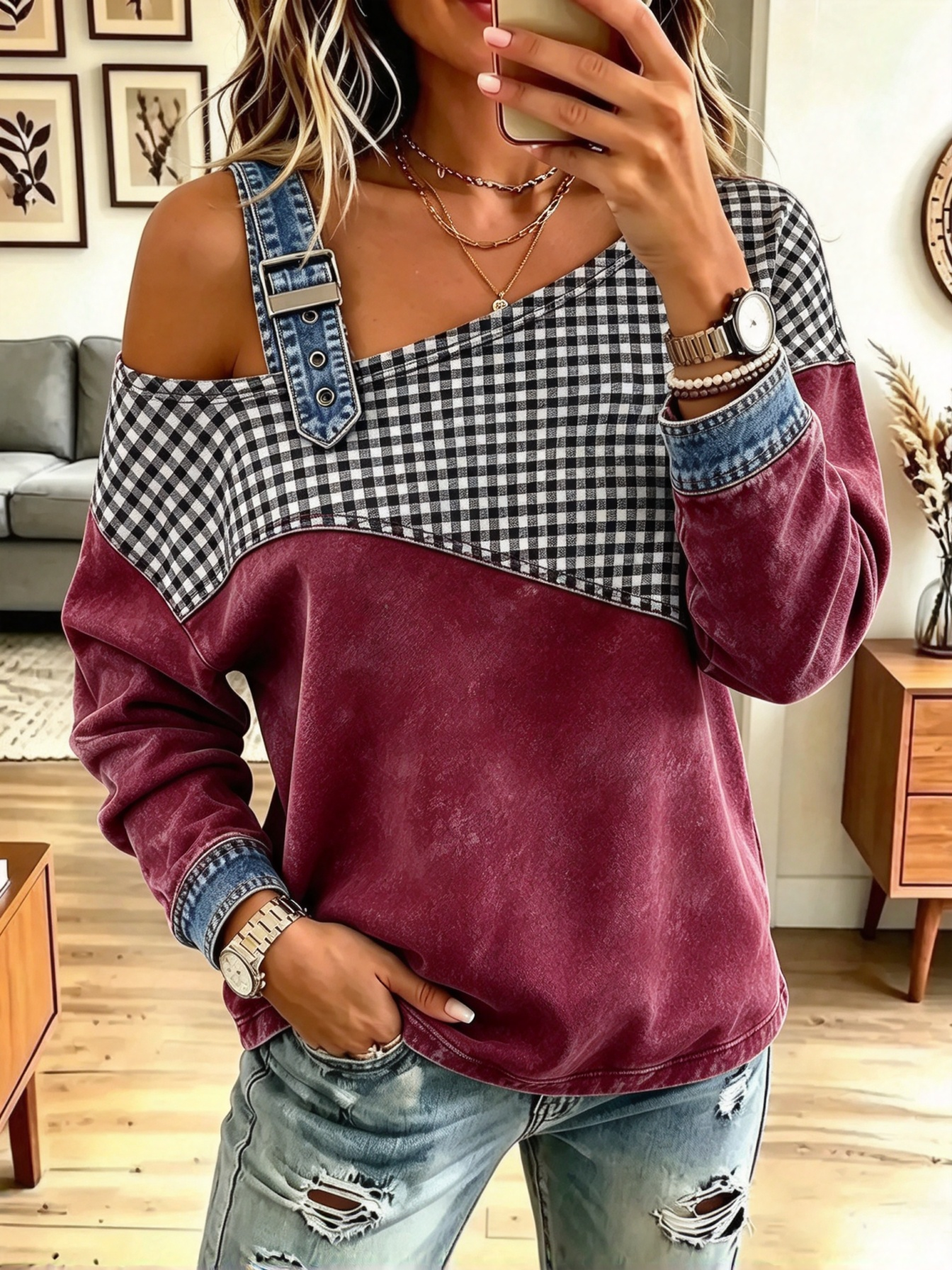 Vintage Plaid Pattern Denim Patchwork Art Casual Stylish Long Sleeve Top