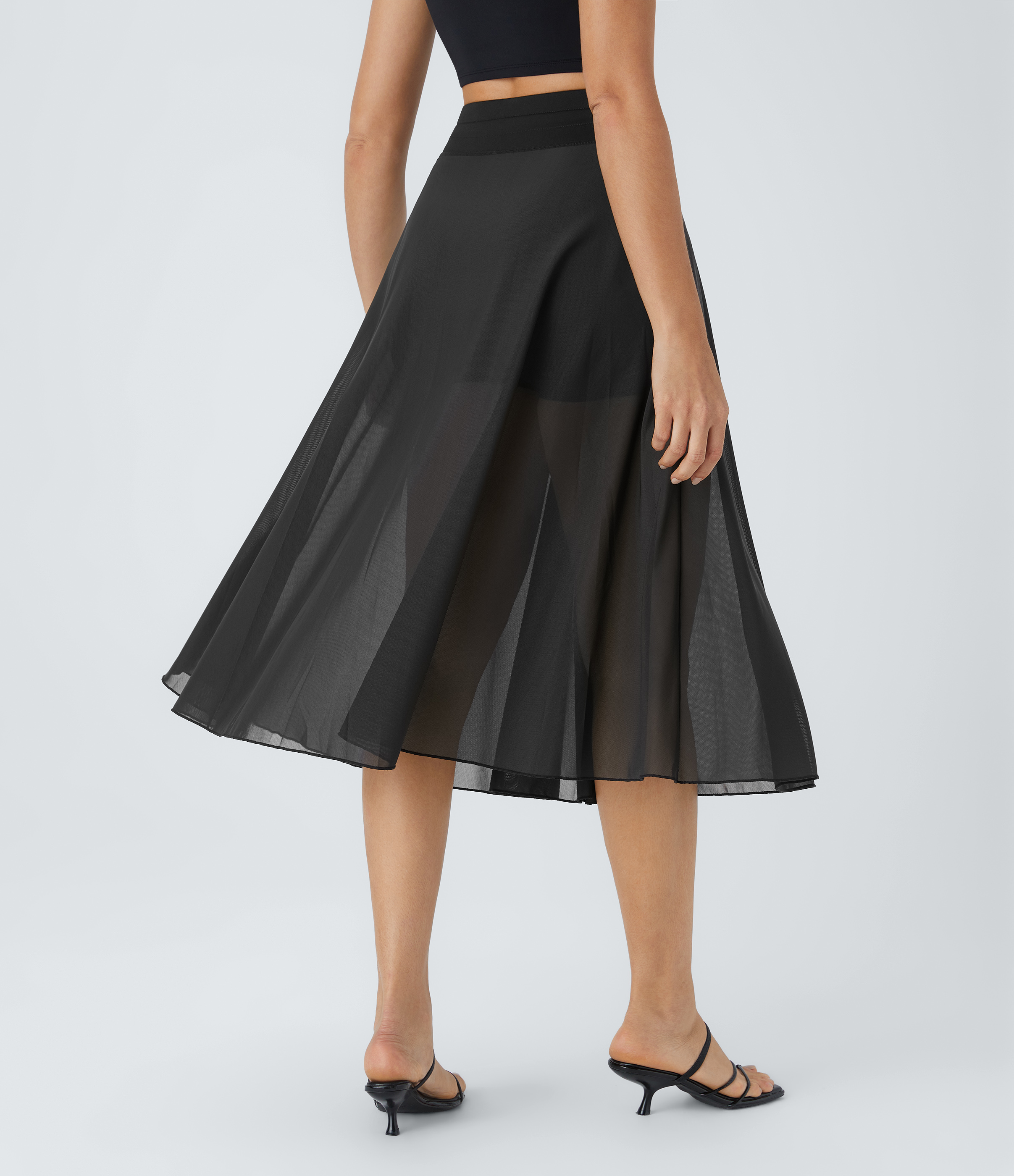 High Waisted Drawstring Contrast Mesh 2-in-1 Pocket Flowy Midi Flare Casual Skirt