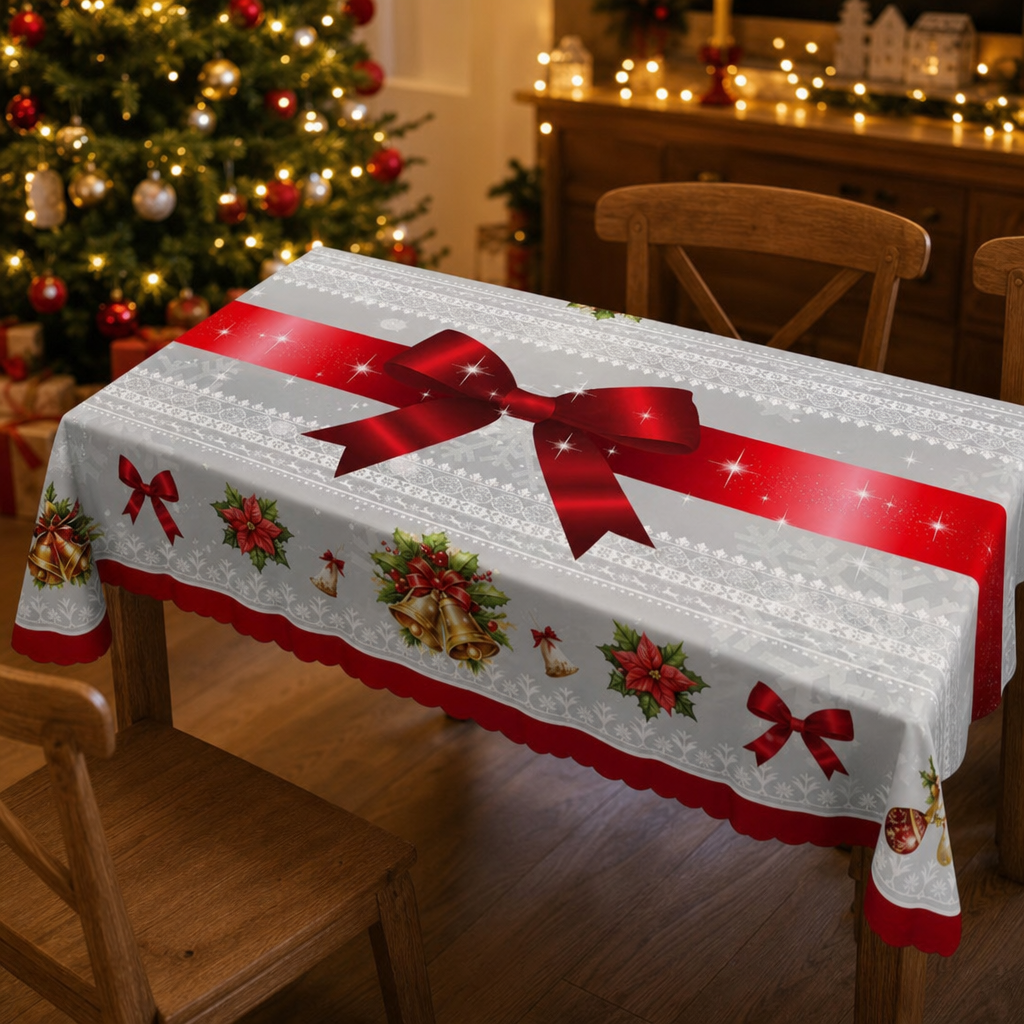 Red Bow Printed Christmas Tablecloth
