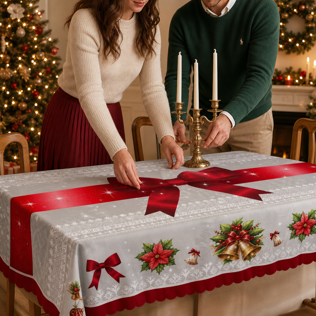 Red Bow Printed Christmas Tablecloth