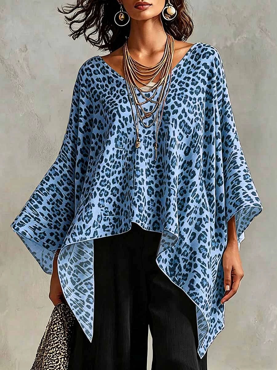 Leopard Print Asymmetric Blouse Elegant Loose Batwing Sleeve Poncho Top