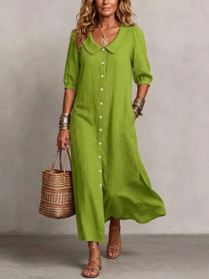 New Arrivals🔥 Women's Retro Peter Pan Collar Striped Cotton Linen Dress