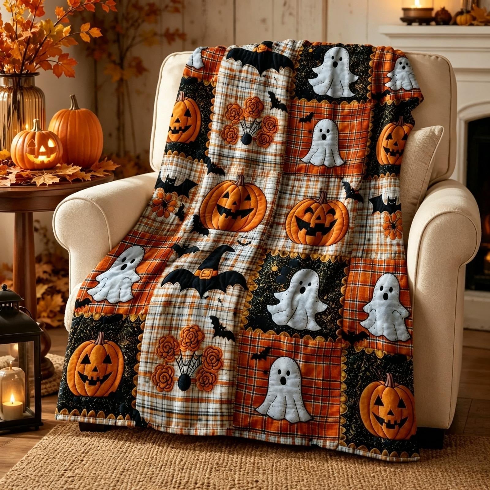 Pumpkin Ghost Bat Plaid Patchwork Flannel Blanket