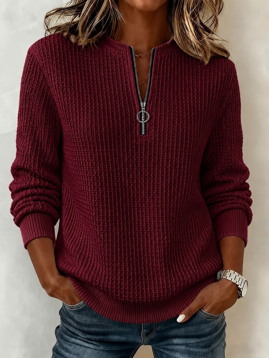 Women's Waffle Knit Long Sleeve Casual Solid Color Crew Neck Tops for Daily Vacation