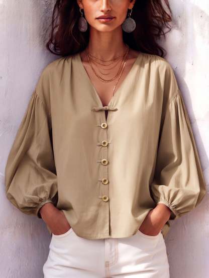 Retro V-neck Knot Button Lantern Sleeve Cotton Blouse