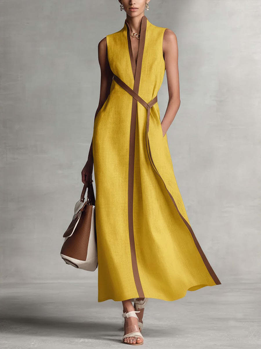 Women’s Stand-Up Collar Sleeveless Casual Loose Cotton and Linen Dress