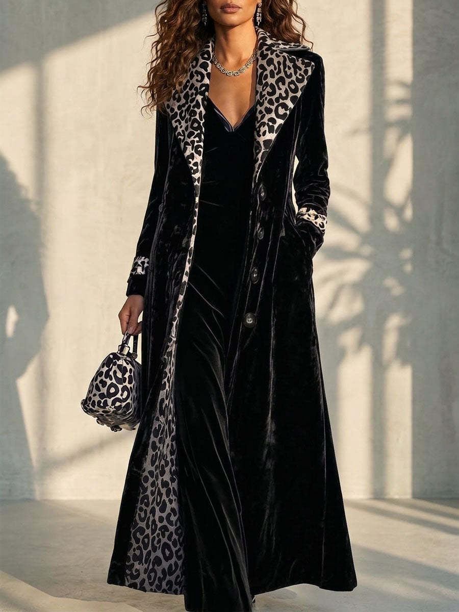 Women's Retro Velvet Long Coat With Leopard Print Color Block Lapel And Inner Panels Single-breasted Long Sleeve Trench Coat