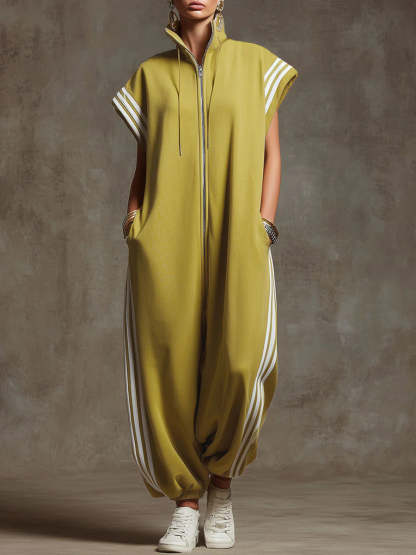 Women's Relaxed Stand-collar Short-sleeved Casual Loose Cotton Wide-leg Jumpsuit
