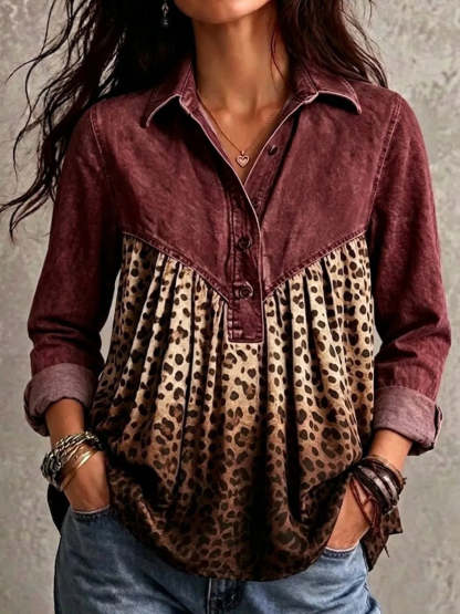 Women Denim Spliced Leopard Print Half Button Long Sleeve Blouse