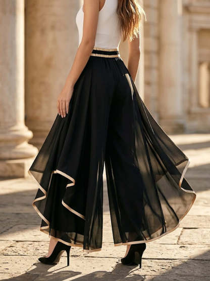 Stylish Gold-trimmed Flowy Chiffon Trousers