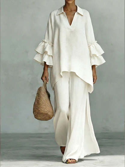 Casual Linen And Cotton Shirt And Wide-leg Pants Two-piece Set