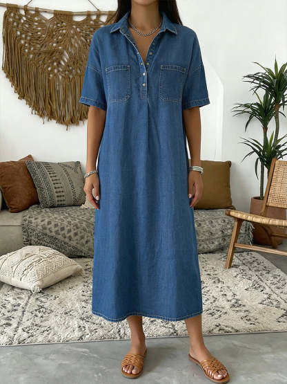 Casual Short-sleeved Polo Collar Denim Dress