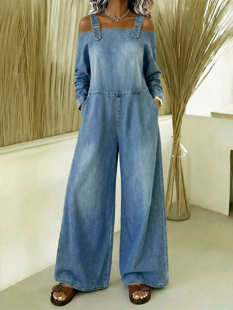Women's Fashionable Off-the-shoulder Denim Jumpsuit