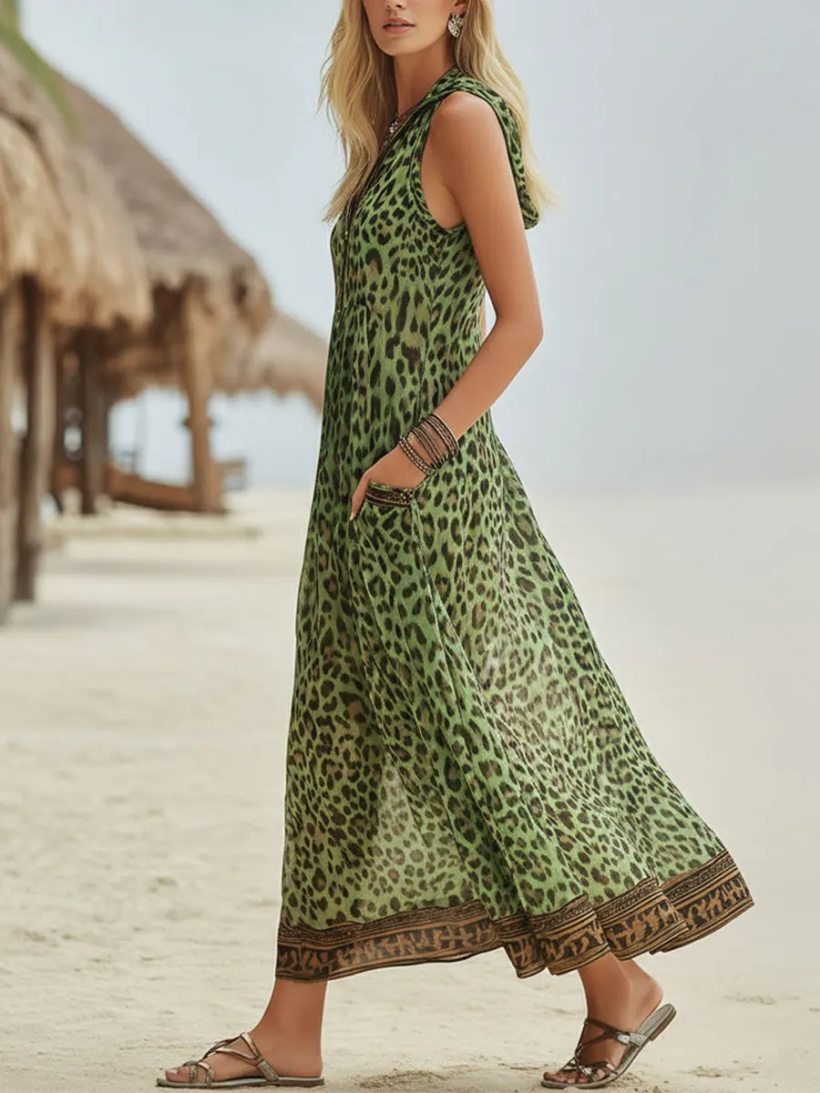 Women's Retro Casual Green Leopard Print Art Hooded Midi Dress