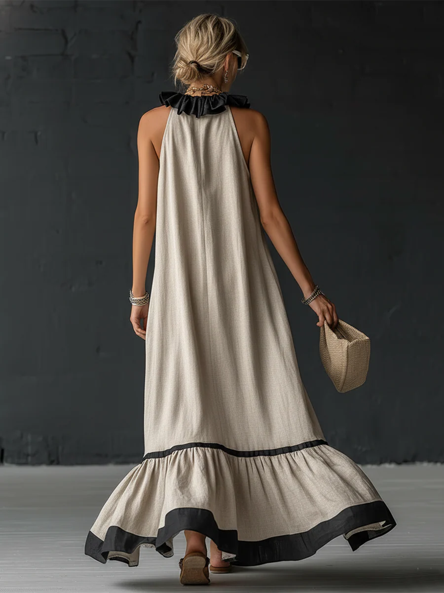 Elegant And Romantic Ruffled Color-blocked Maxi Dress