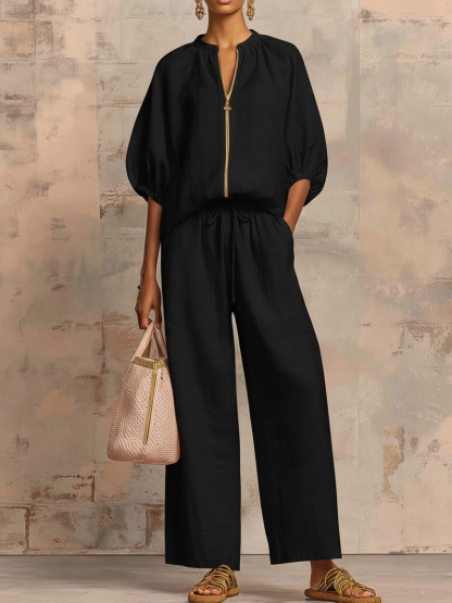 Stylish Cozy Shirt &amp; Wide-Leg Pants Linen Cotton Two-Piece Set