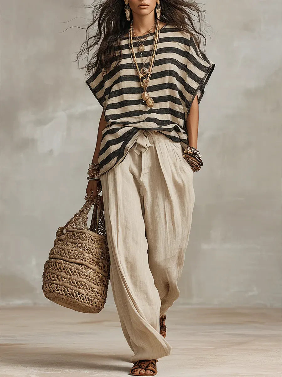 Bohemian-style Striped Cotton And Linen Suit
