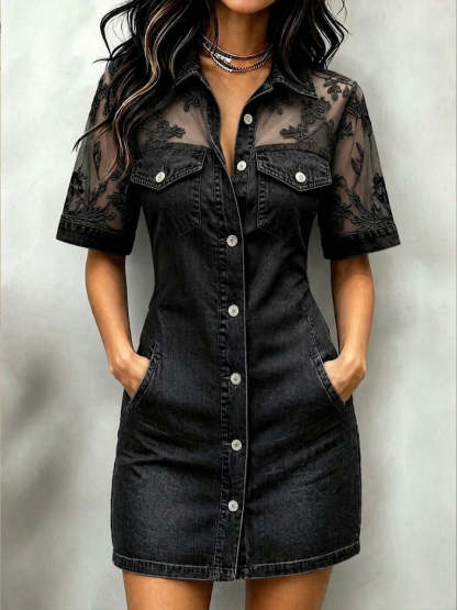 Stylish Casual Spliced lace Denim Mini Dress
