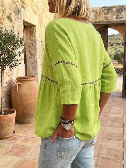 Cozy Hollow-out Patchwork V-neck Linen-cotton Blouse
