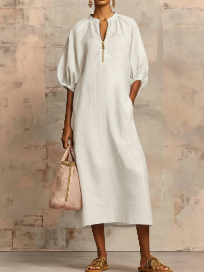 Stylish Zippered Loose Linen-cotton Midi Dress