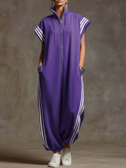 Women's Relaxed Stand-collar Short-sleeved Casual Loose Cotton Wide-leg Jumpsuit