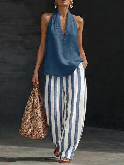 Classic Cozy Striped Cotton-linen Two-piece Set