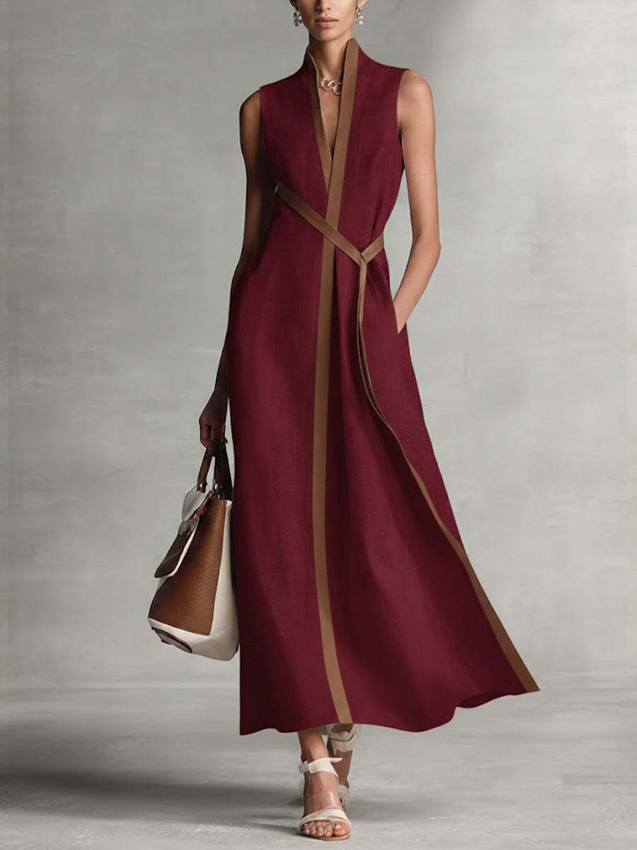 Women’s Stand-Up Collar Sleeveless Casual Loose Cotton and Linen Dress