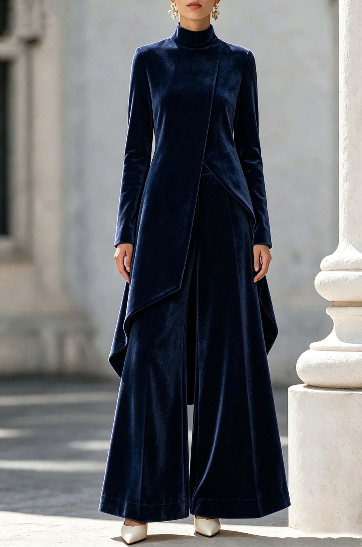 Elegant And Luxurious Velvet High-neck Top And Trousers Set