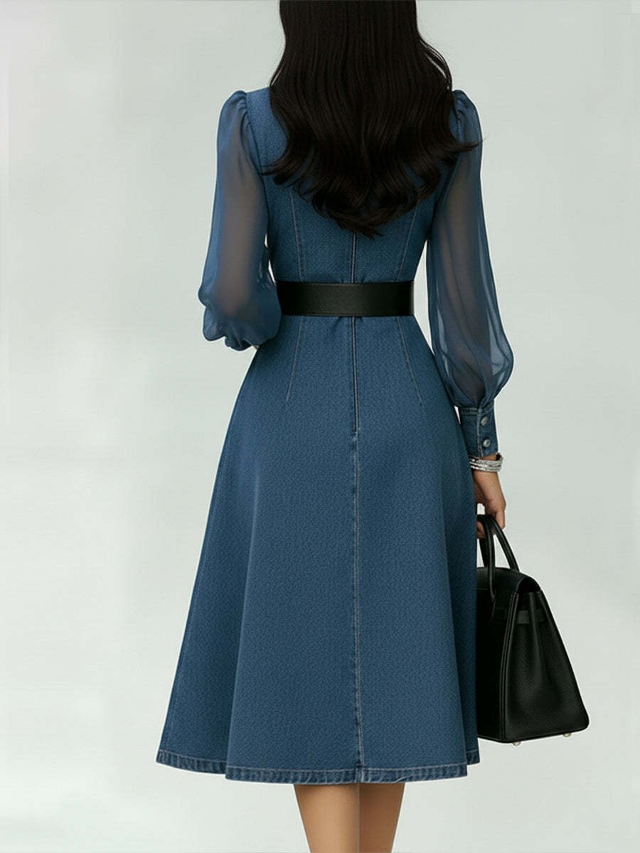 Stylish Denim Dress With Organza Sleeve Panels.