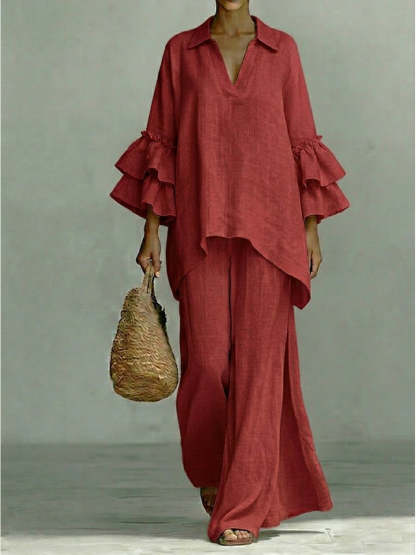 Casual Linen And Cotton Shirt And Wide-leg Pants Two-piece Set