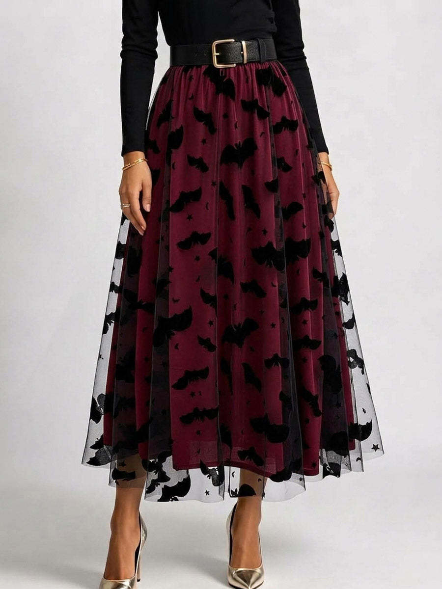 Polyester Women's High-waisted Casual Loose Halloween-themed Flocked Print Mesh A-line Skirt