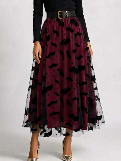 Polyester Women's High-waisted Casual Loose Halloween-themed Flocked Print Mesh A-line Skirt