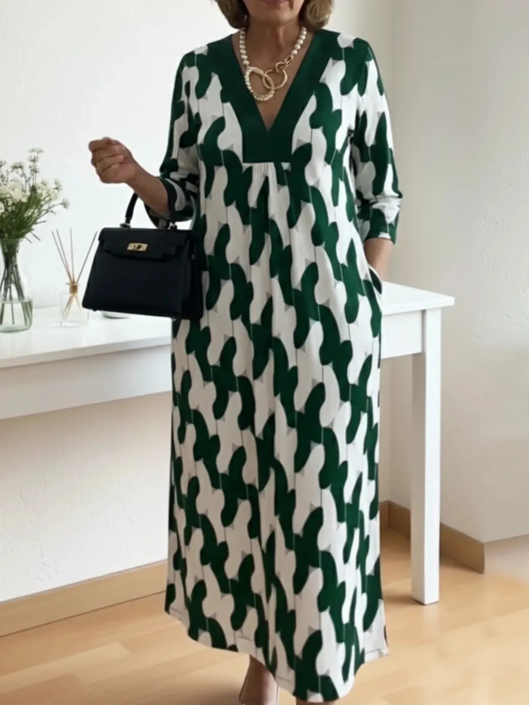 Elegant Art Print Color Block Trim V-neck Midi Dress