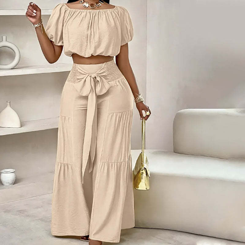 Off-Shoulder Puff Sleeve Top & Wide-Leg Pants 2-Piece Set – Elegant, Comfortable & Perfect for Summer Days ☀️