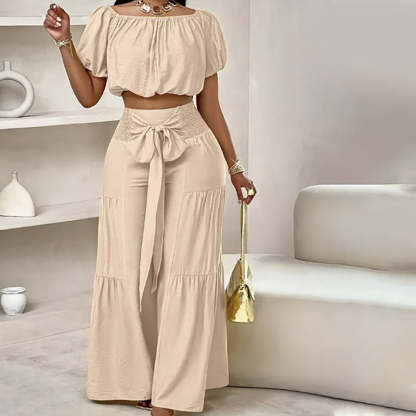 Off-Shoulder Puff Sleeve Top & Wide-Leg Pants 2-Piece Set – Elegant, Comfortable & Perfect for Summer Days ☀️