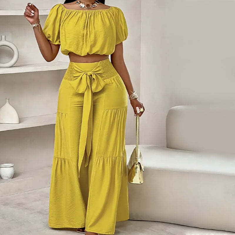 Off-Shoulder Puff Sleeve Top & Wide-Leg Pants 2-Piece Set – Elegant, Comfortable & Perfect for Summer Days ☀️