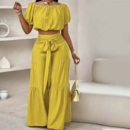Off-Shoulder Puff Sleeve Top & Wide-Leg Pants 2-Piece Set – Elegant, Comfortable & Perfect for Summer Days ☀️