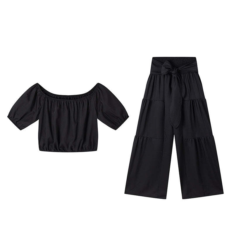 Off-Shoulder Puff Sleeve Top & Wide-Leg Pants 2-Piece Set – Elegant, Comfortable & Perfect for Summer Days ☀️