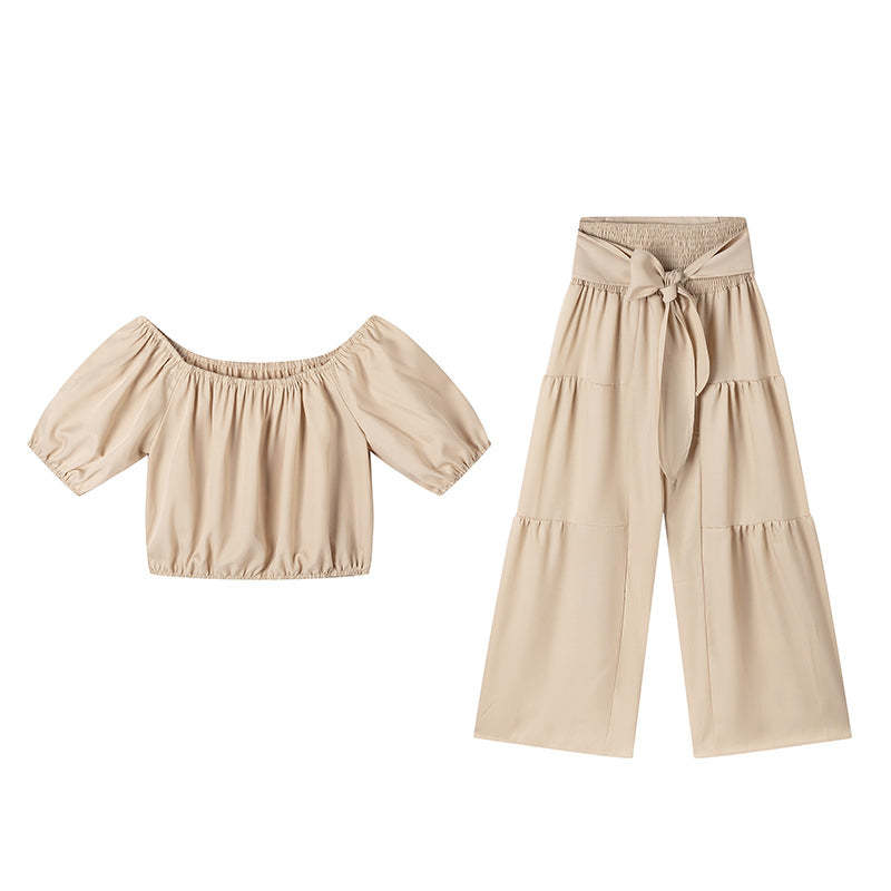 Off-Shoulder Puff Sleeve Top & Wide-Leg Pants 2-Piece Set – Elegant, Comfortable & Perfect for Summer Days ☀️