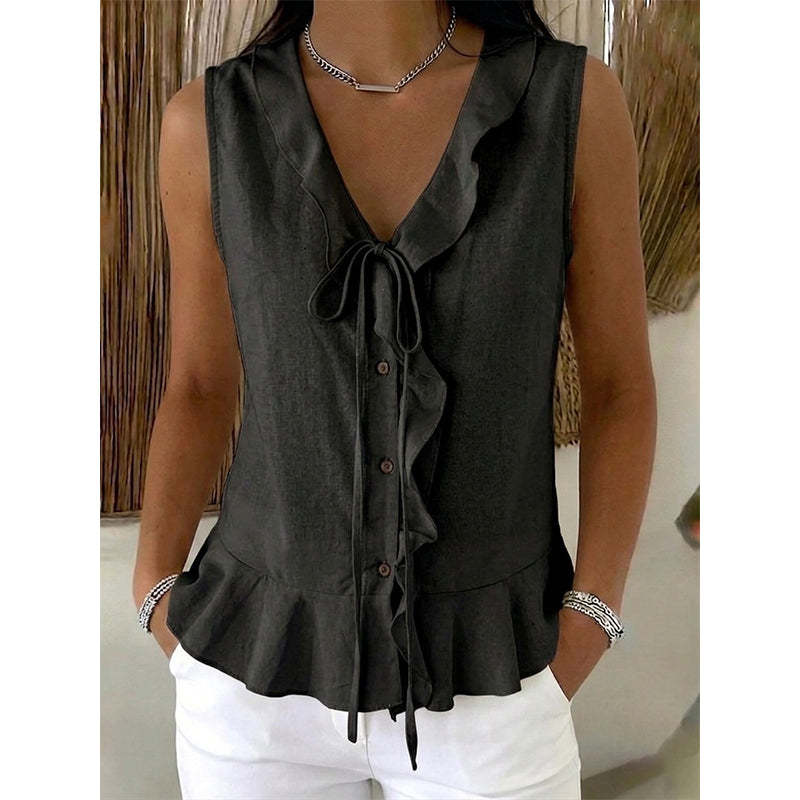 Women's Sleeveless Ruffle Trim V-Neck Top