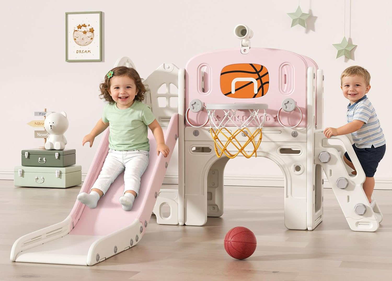 9 in 1 Toddler Slide Set - Baby Slide for Toddlers 1-3 with Ring Toss and Basketball Hoop, Indoor Outdoor Toddler Playset Playground