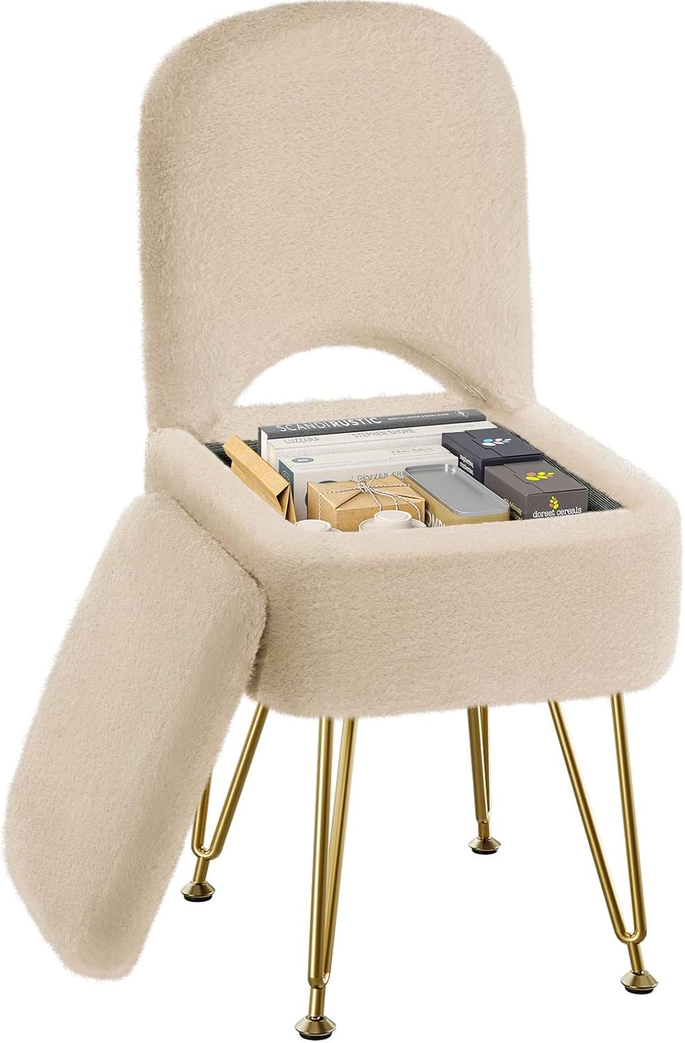 Small Vanity Stool Chair with Storage and Folding Back